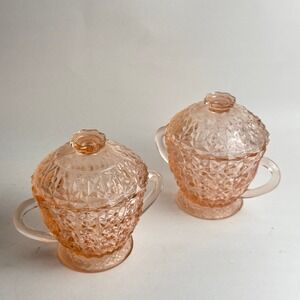 Vintage Jeannette Holiday Buttons & Bows Pink Glass Sugar Jar w Lid Set of 2